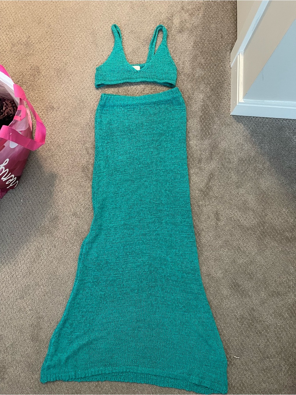 Meshki Teal Knit Crop Top & Maxi Skirt Set
